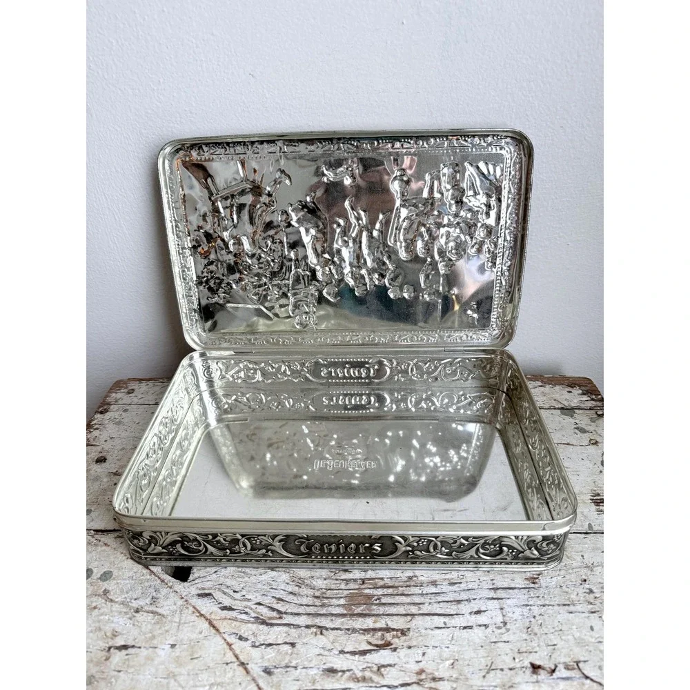 Vintage‎ Teniers 3D Embossed Belgium Tin – 1950s Silvertone Hinged Cookie Box